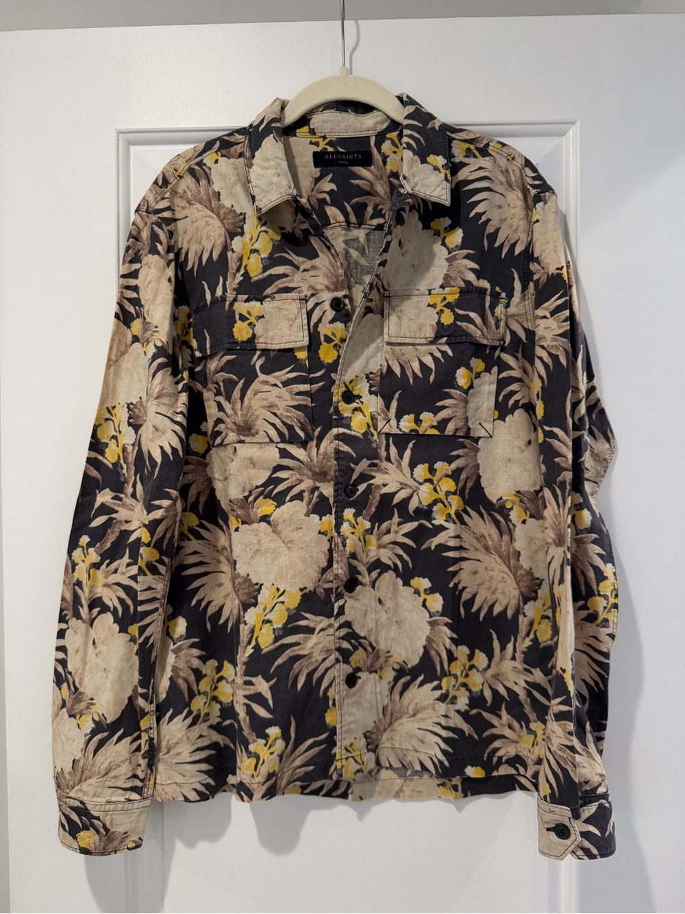 All Saints Men’s Black Floral Linen Blend Button Down - size Small
